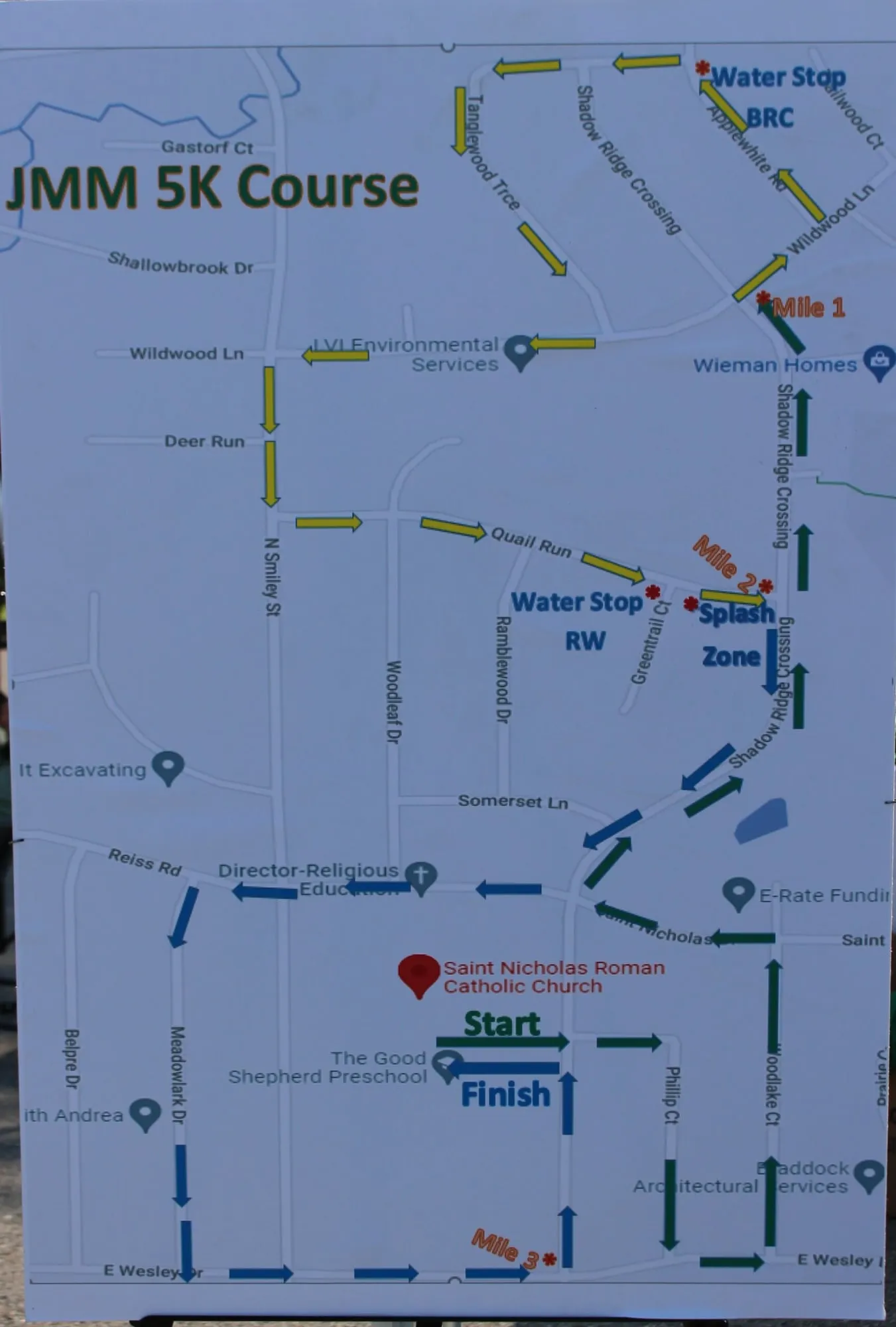 The printed 5K course map showing the route, the water stop and the splash zone.