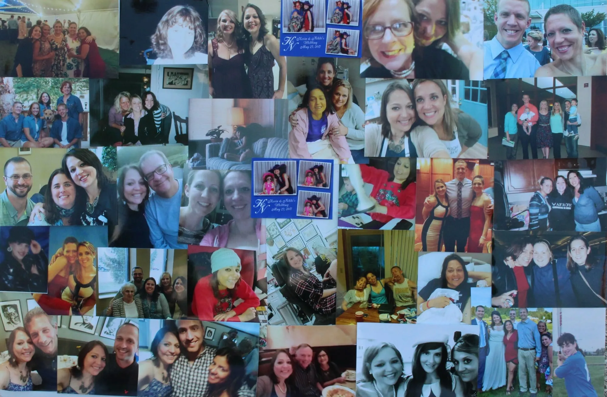 A large display board covered edge to edge with photographs of Jennifer Mueller with family and friends.